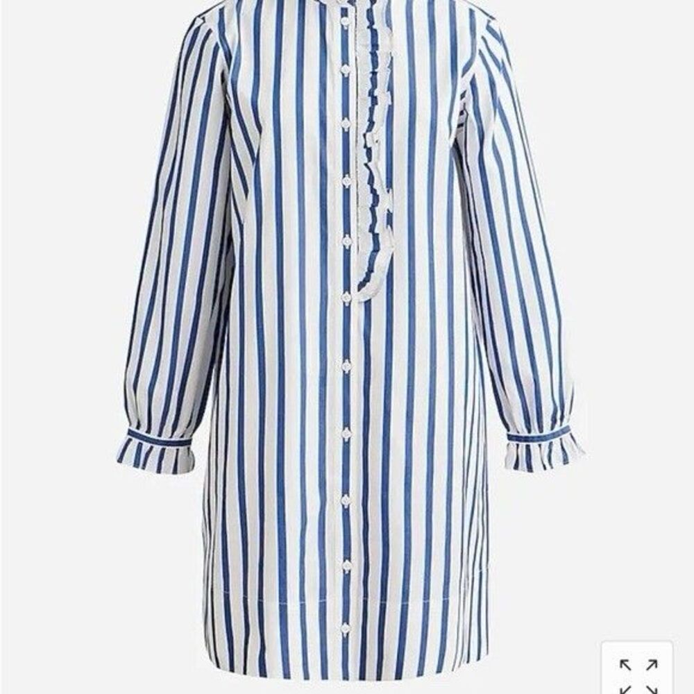J. Crew Spring Preppy Shirtdress Striped Cotton Poplin 0 NEW Ruffle Long Sleeve